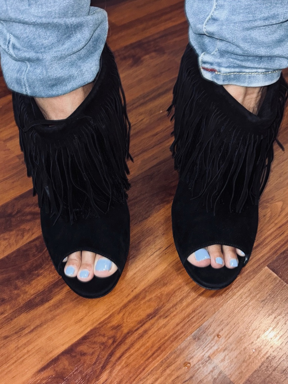 Jimmy Choo Black Suede Fringe Peep Toe Mule